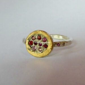 Posy ring; silver, 24ct gold, sapphires, ruby. Size M