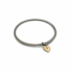 Heart locket bangle; 3mm round sterling silver bangle with 18ct pink gold locket.