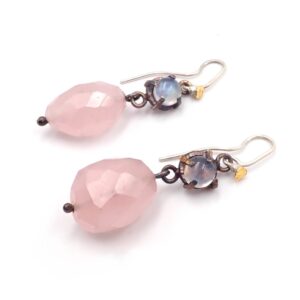 Empress earrings; rose quartz, blue moonstone, silver and 24ct gold