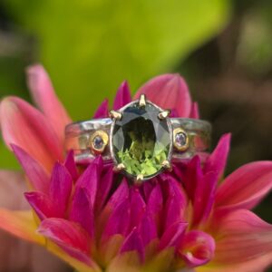 Medieval Claw Ring; silver, 18ct and 24ct gold, E VS diamonds and green tourmaline.