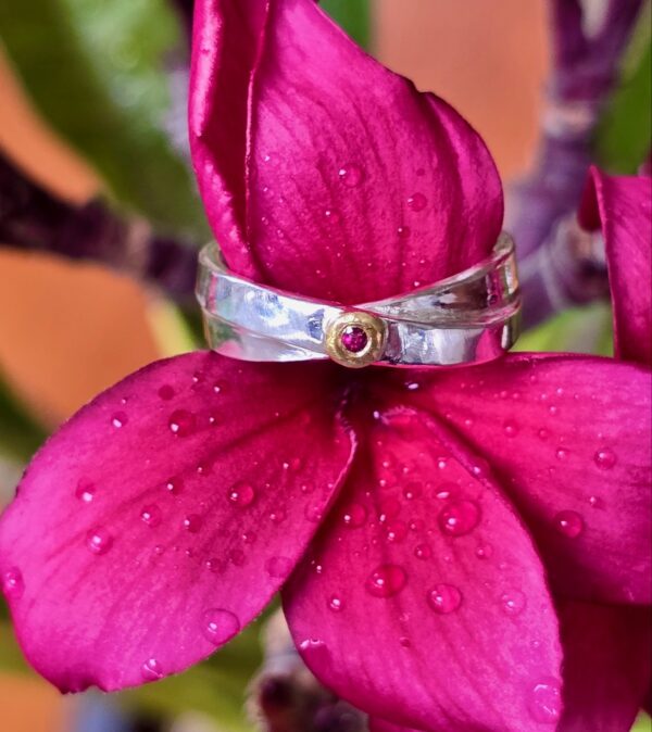 Kimono ring silver and 24ct gold with ruby. Size N band 6mm x 1.5 tapering to 3mm