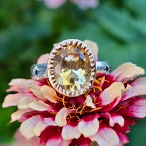 Star Stuck Ring; citrine and sapphires, 9ct red and pink gold with silver. Size N 1/2