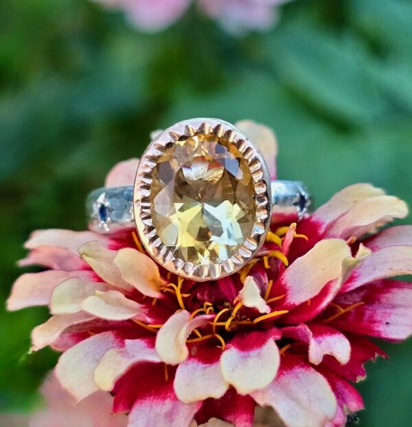 Star Stuck Ring; citrine and sapphires, 9ct red and pink gold with silver. Size N 1/2