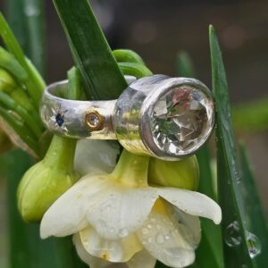 Star Struck Ring, 12 x 10mm Brazilian topaz and sapphires, fine silver, silver and 24ct gold