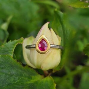 Burmese ruby Ember ring; .70ct set in 24ct gold, fine silver and 18ct white gold. Size N 1/2. Independent valuation supplied.