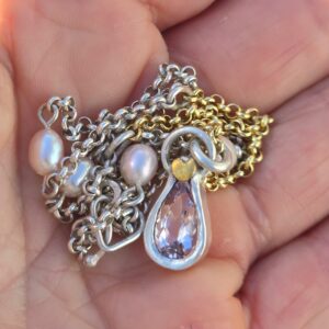 Balancing Act necklace; morganite pear, silver, pearls, 9ct and 24ct gold