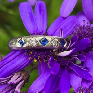Star Struck Ring; 9ct white gold palladium mix, E SI1 diamonds, blue princess sapphires. Size O