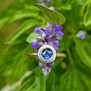 Pacific Star Ring; princess blue sapphire, 18ct pink and white gold. Size L 1/2