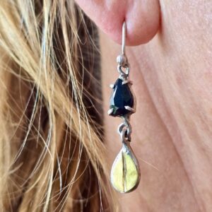 Forest Nymph earrings; black sapphire pear, silver and 24ct