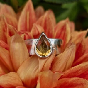 Citrine pear 12x9mm Orbit ring; fine silver and 9ct red gold. Size R