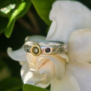 Curved star struck ring, sapphires, silver, 24ct gold. Size M1/2