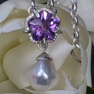 Lady C's custom cut Rose de France amethyst and freshwater pearl necklace. Sterling silver.