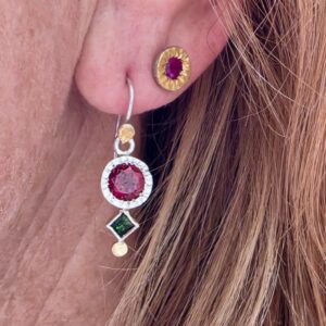Hera earrings; African garnet, Brazilian tourmaline, silver and 24ct gold. One pair only.