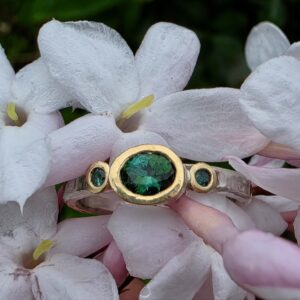 Chloris ring, green tourmaline, silver and 9ct yellow gold. Size M 1/2