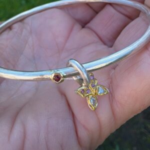 Butterfly bangle, silver, 24ct, 18ct gold, ruby, sapphires, 3x2mm F VS diamond pears