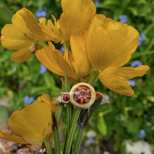 Chloris ring, orange garnet, sapphire, silver and 24ct gold. Size L