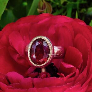 Enchanted garden ring, Tanzanian garnet 10x8mm, silve, and  18ct pink gold. Size M