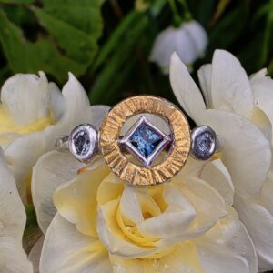 Hera ring, teal and green princess sapphires, silver and 24ct gold. Size N