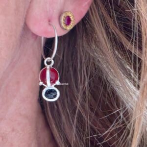 Lady bird hoop earrings, carnelian, Australian blue black sapphire, fine silver, sterling silver.
